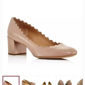 Chloe Lauren Scalloped Block Heel Pumps Pink Tea Leather  Round Toe 38.5
